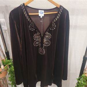 Boho Vintage Style 70s Burgundy Velvet Jeweled Tunic Length Top with Tassels.